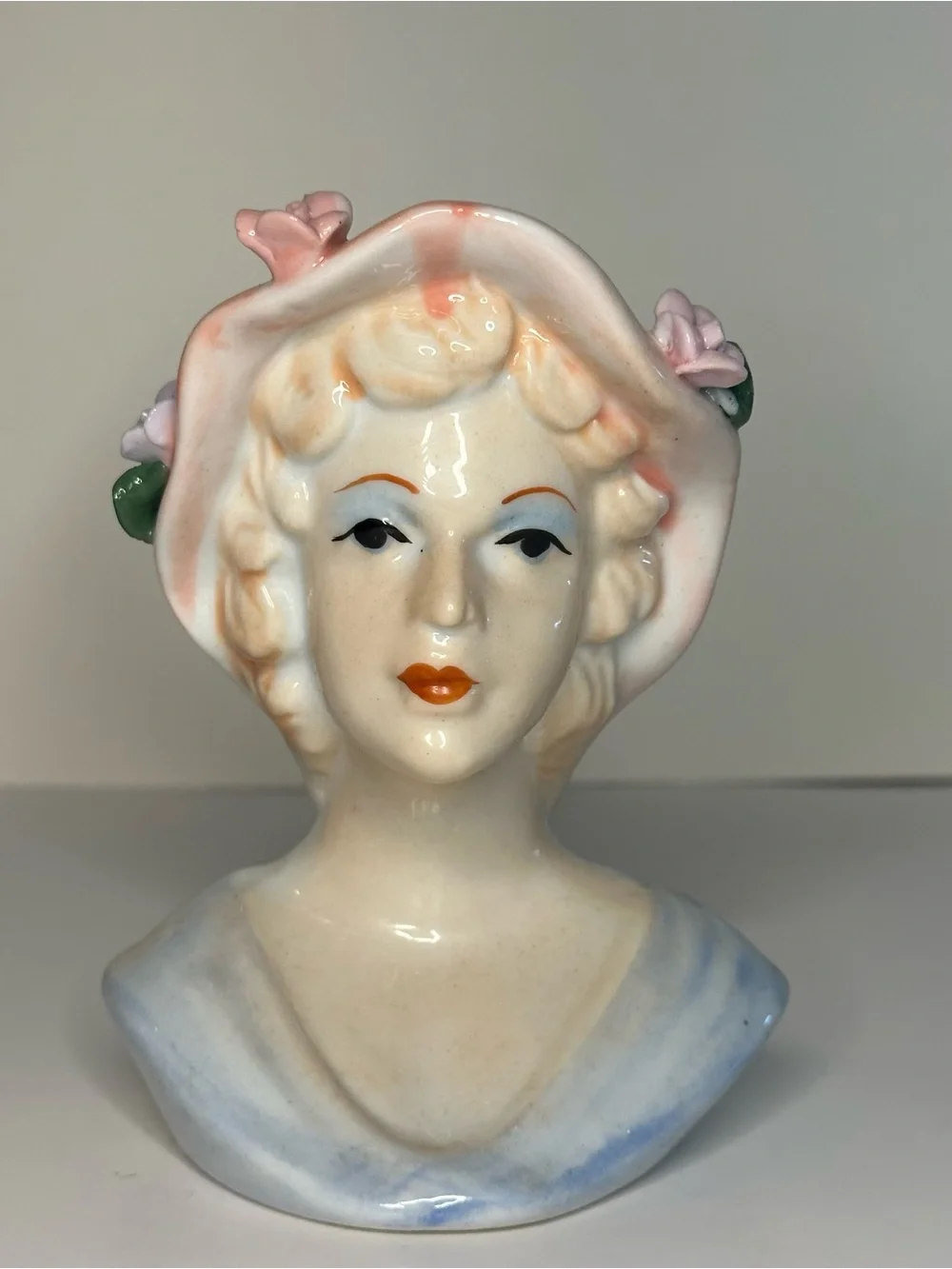 Vintage MCM Porcelain Glamour Girl Head Vase Pink Floral Hat Blue Dress 1950 NEW